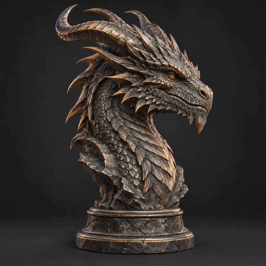 Busto di testa di drago generato come STL stampabile da un prompt testuale