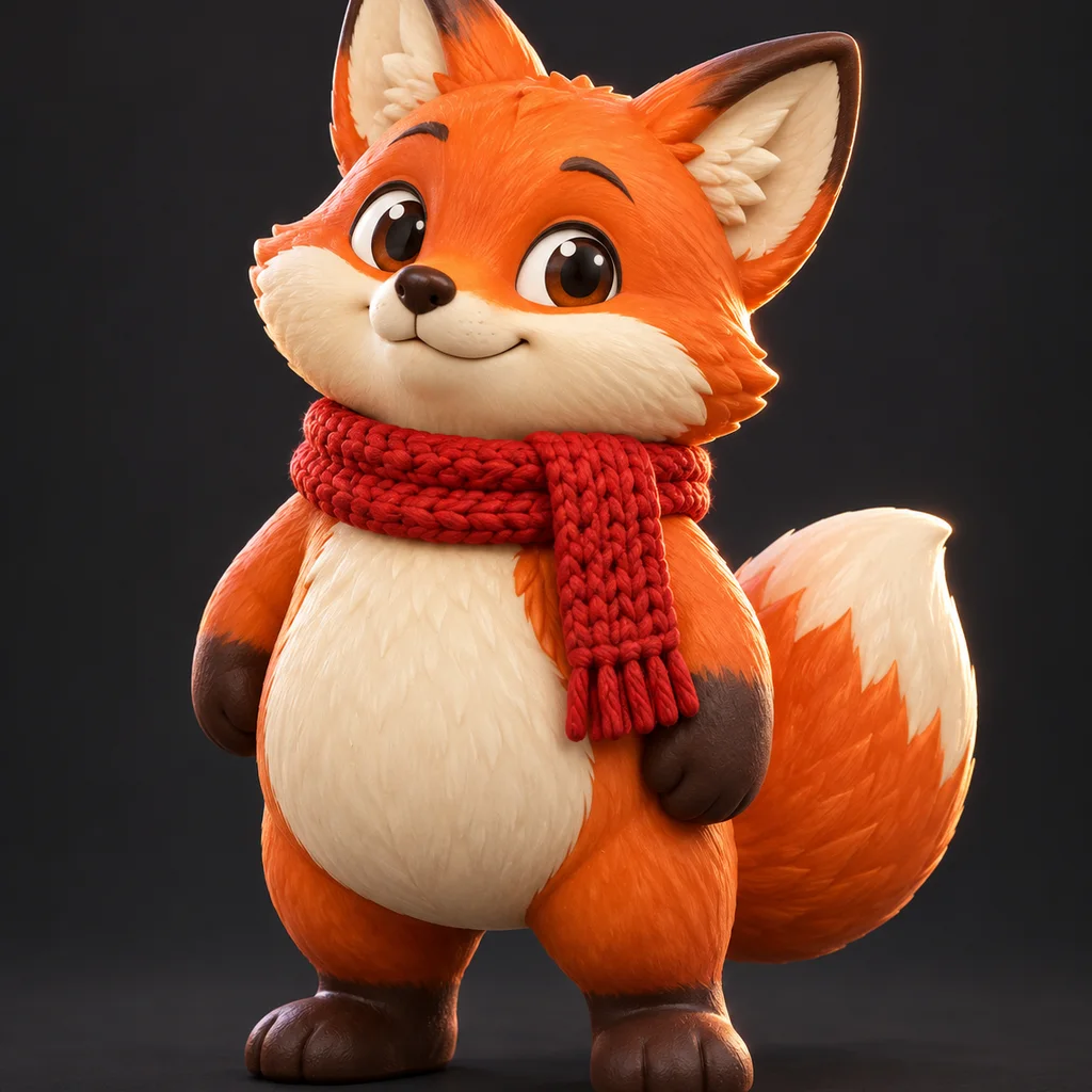 Cartoon-Fuchs mit Schal, aus einem Text-Prompt als 3D-Modell erstellt