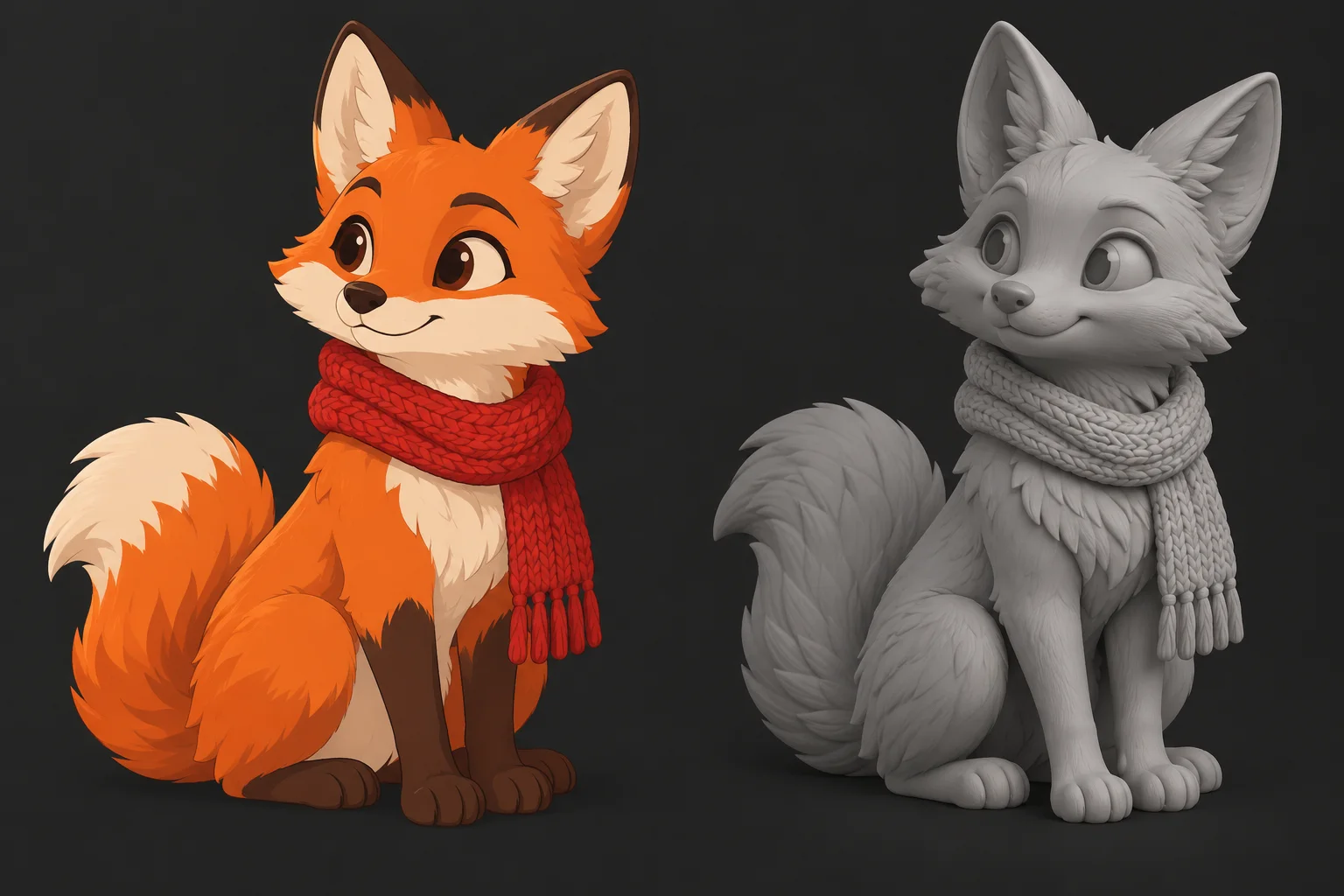 Derselbe Fuchs als KI-gezeichnetes Bild und als daraus erstelltes 3D-Modell