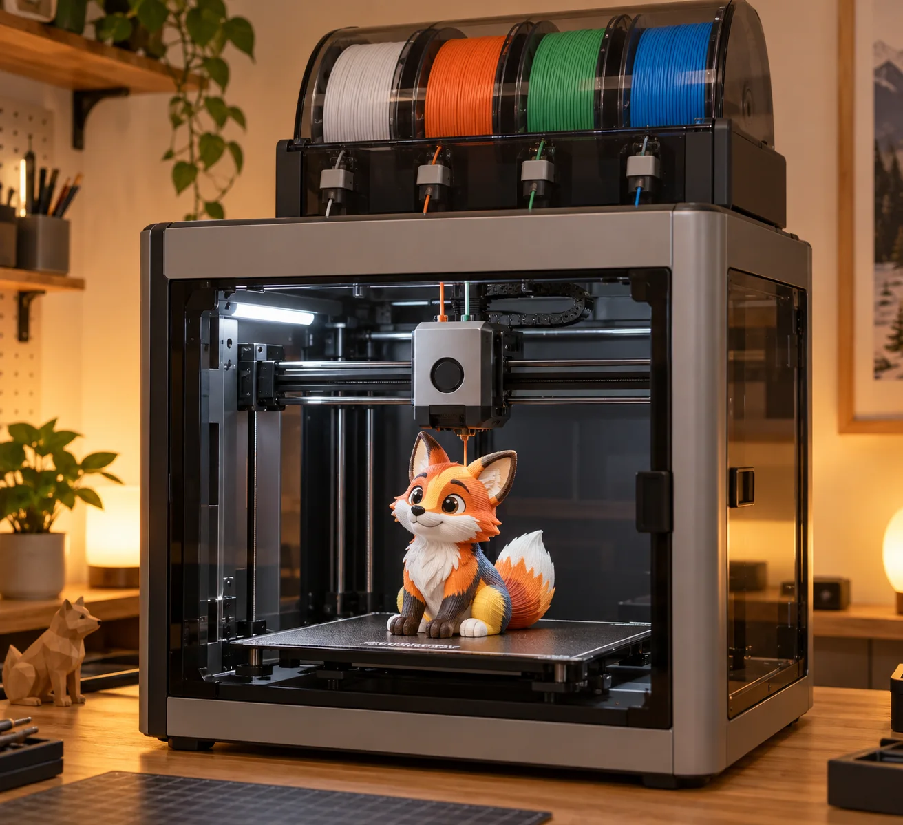 Uzavřená 3D tiskárna se čtyřcívkovým podavačem filamentu tiskne pestrobarevnou figurku