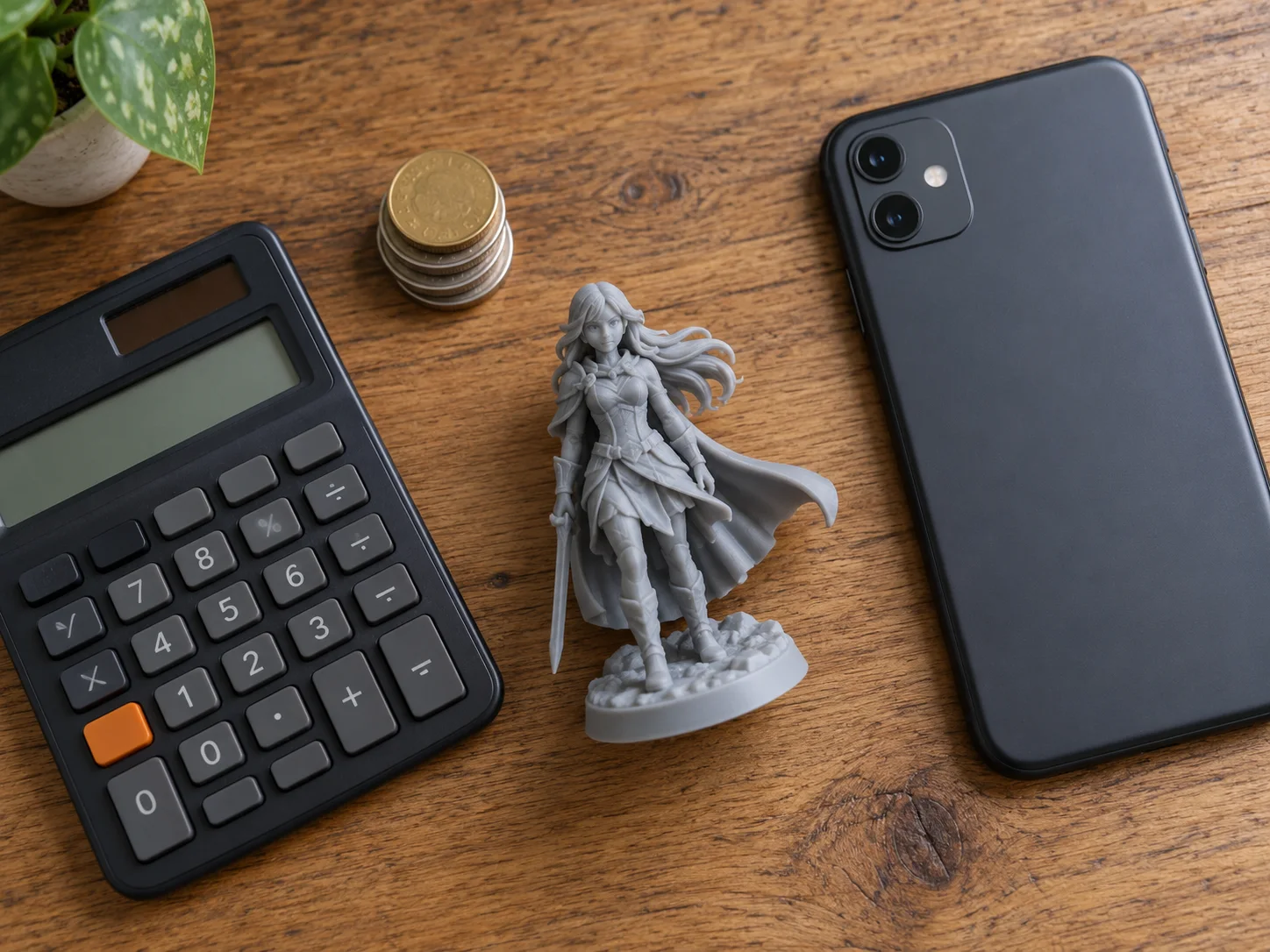 Kalkulačka a mince vedle 3D vytištěné figurky při výpočtu ceny za model