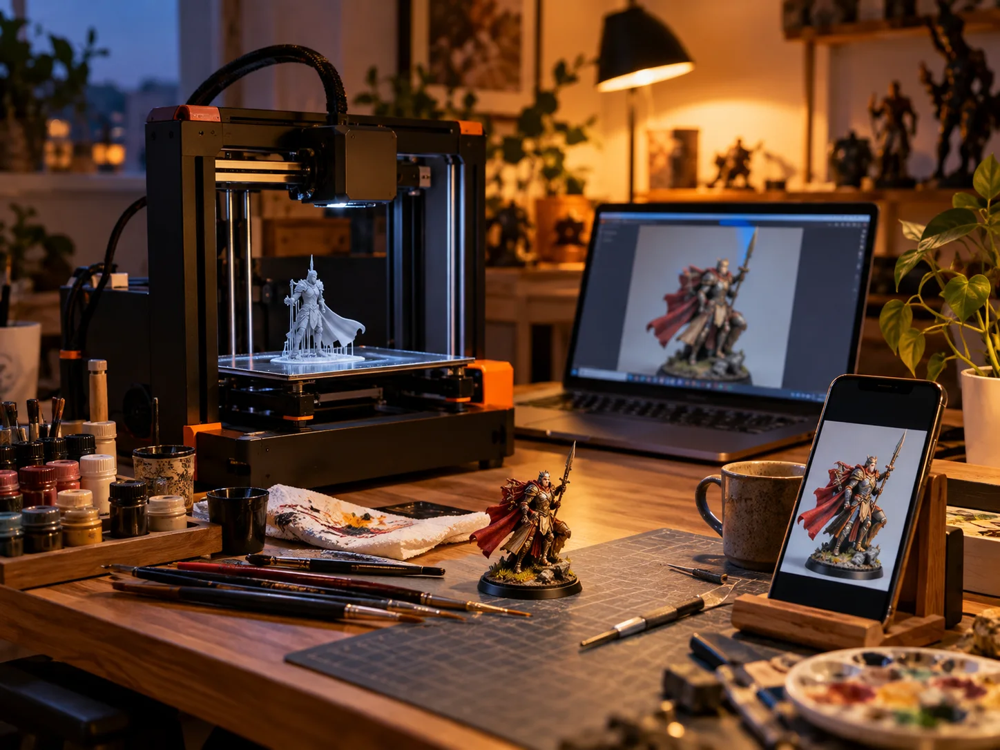 Schreibtisch zu Hause mit kompaktem 3D-Drucker, der gerade eine aus einem Foto erstellte Figur fertig druckt