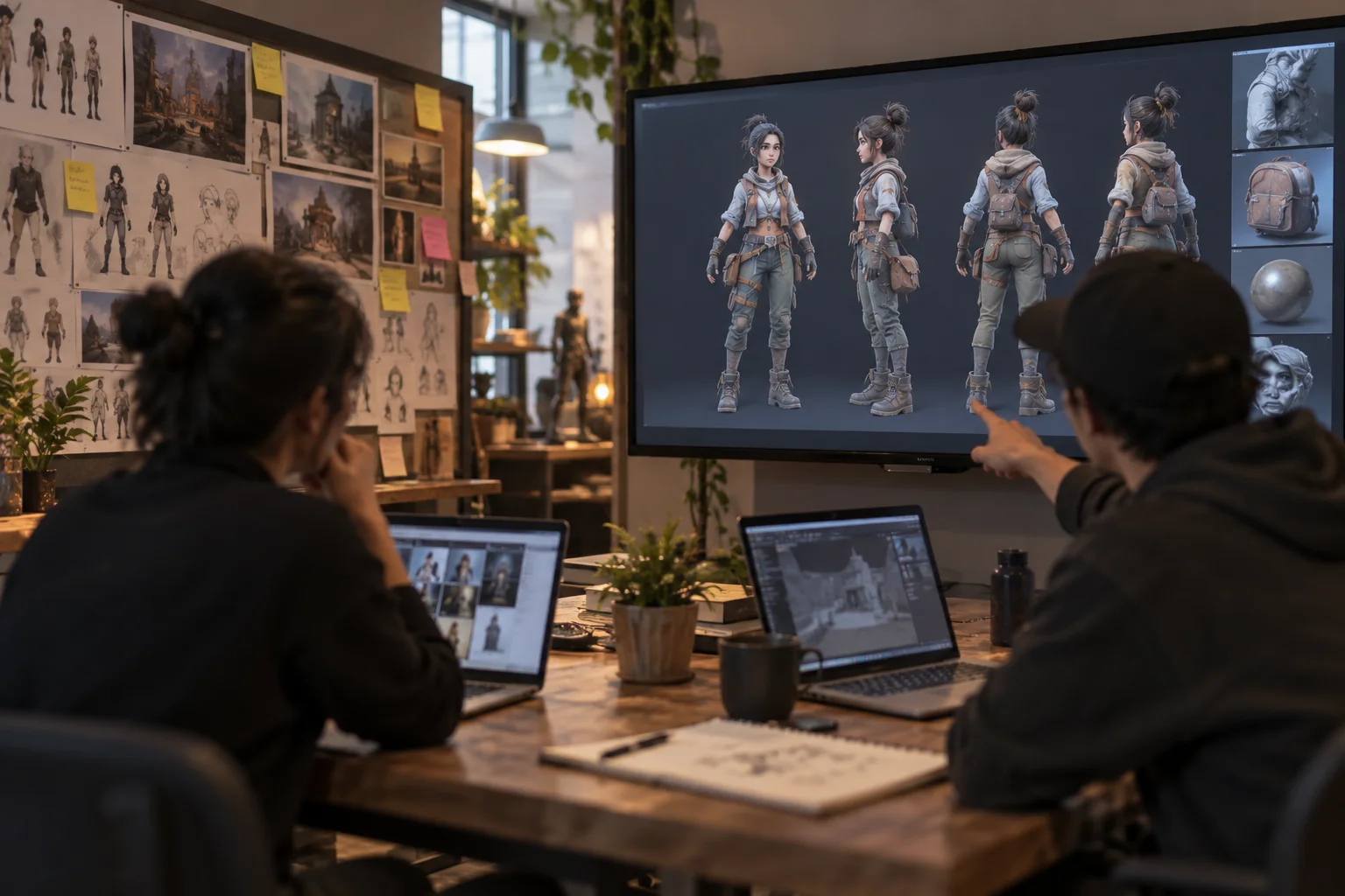 Spieldesigner begutachten einen 3D-Charakter-Turnaround auf einem Wandbildschirm