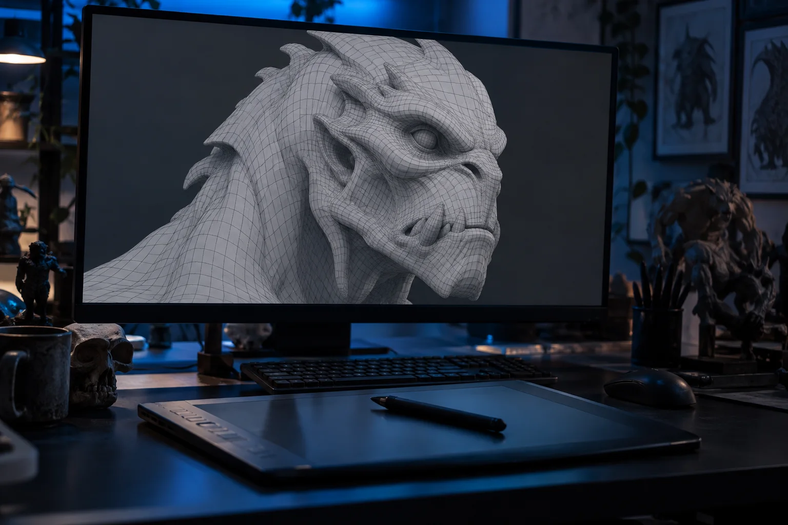 Arbeitsplatz eines 3D-Künstlers mit einer Drahtgitter-Kreaturenskulptur