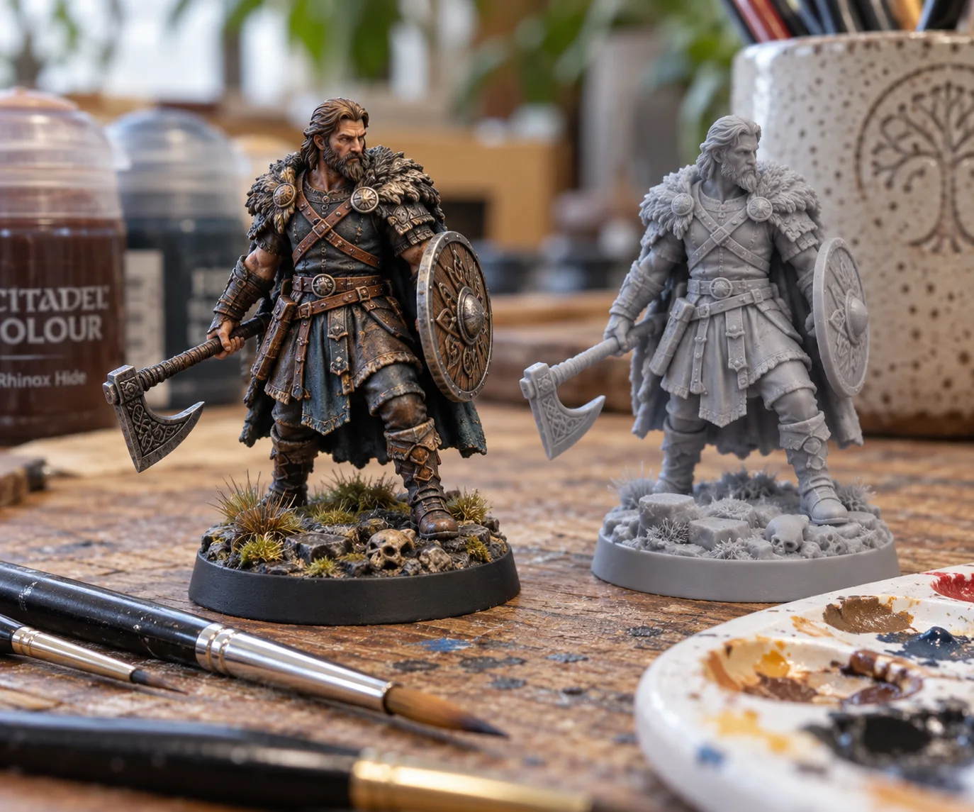 Bemalte und unbemalte 3D-gedruckte Miniaturen auf einem Basteltisch