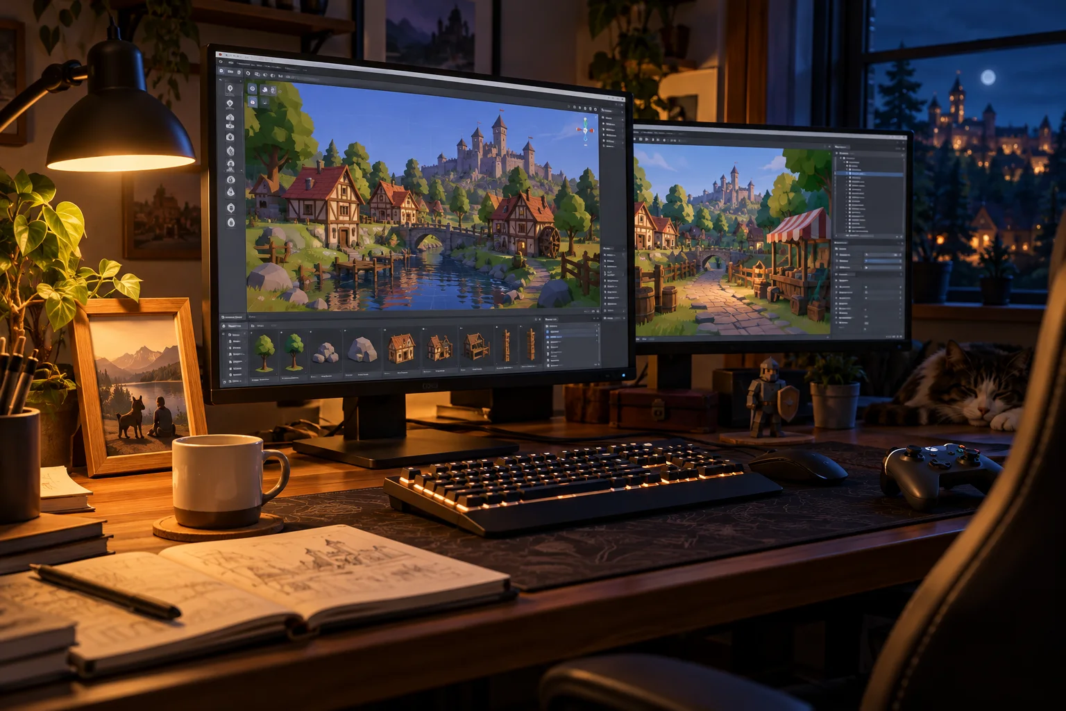 Game developer desk with a low-poly 3D village scene on screen