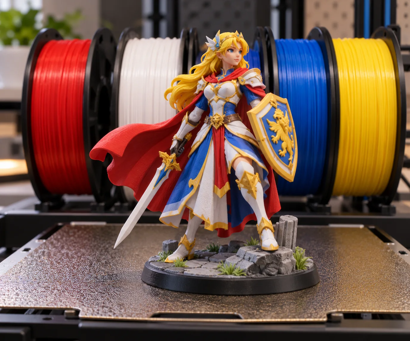 Multicolor 3D printed figurine on a build plate with filament spools