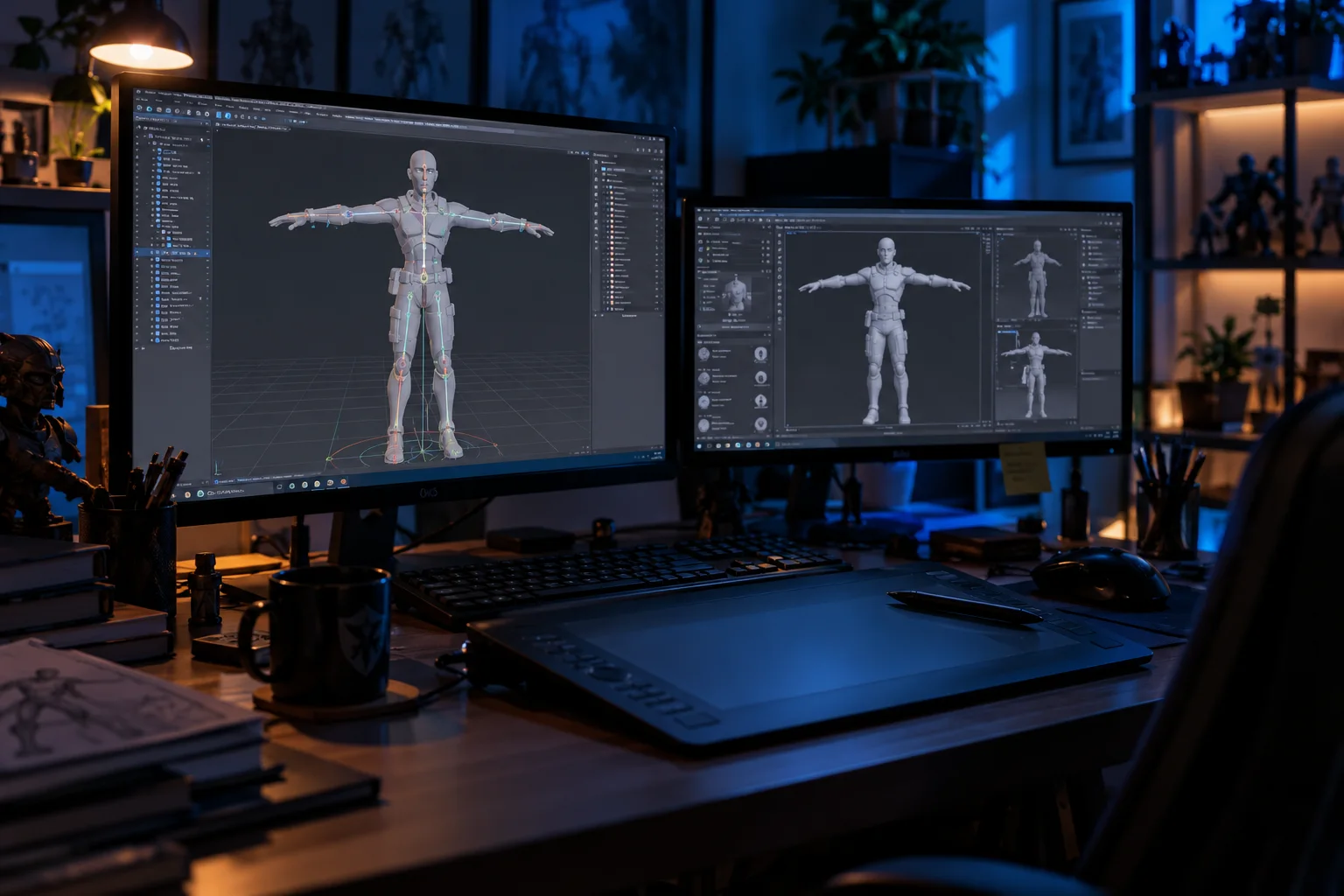 艺术家显示器上的绑定人形角色，这是Meshy擅长的动画工作流