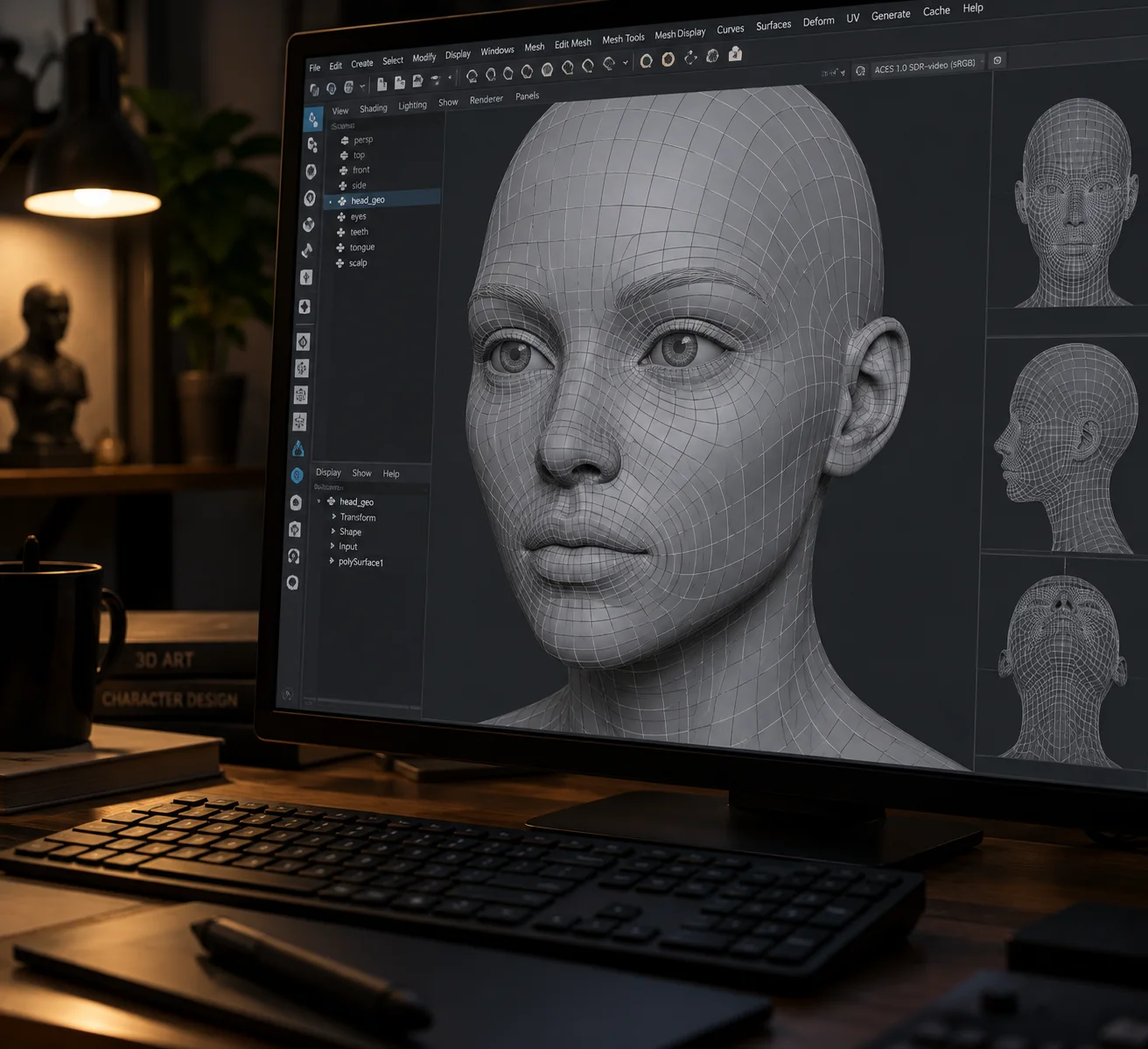Tiszta quad drótváz egy 3D-s fejen – a topológiavezérléséről ismert a Tripo