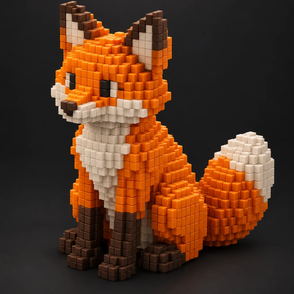 Renard en voxel art composé de cubes colorés